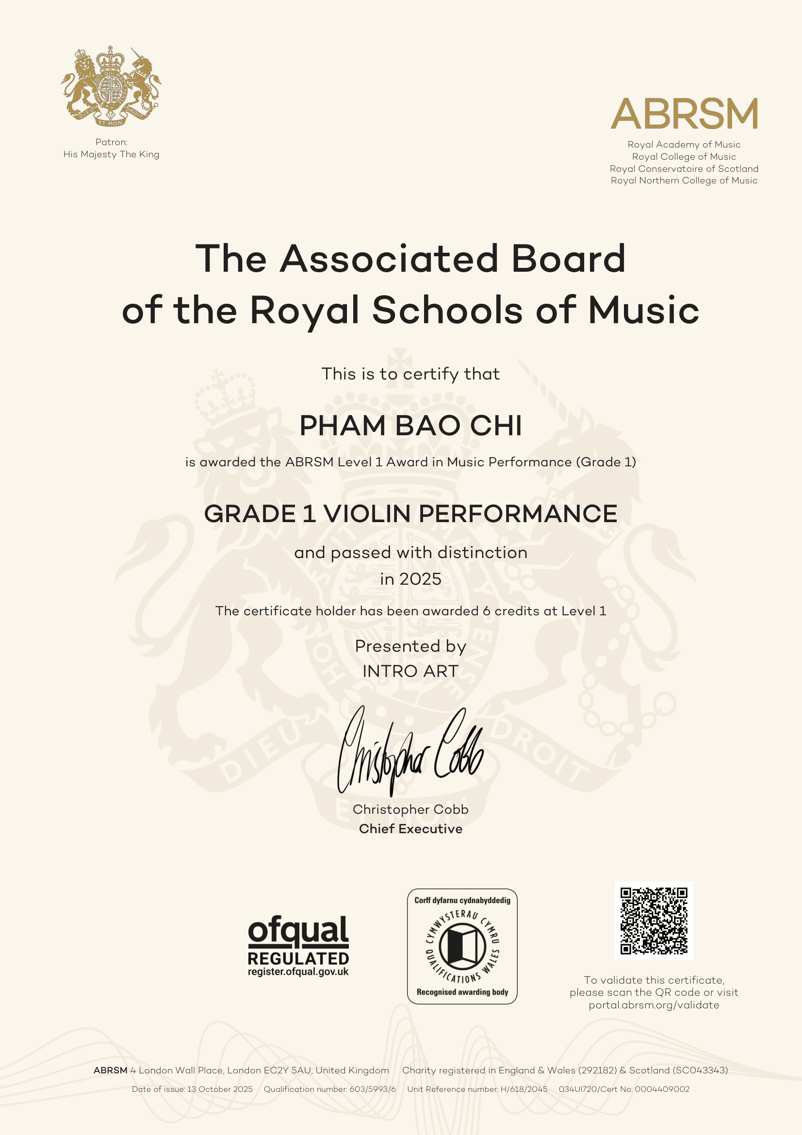 Chứng chỉ Violin Performance Grade 1 — Phạm Bảo Chi